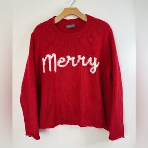 Wooden ships red and white, Merry, long sleeve, rolled hem Christmas sweater S/M